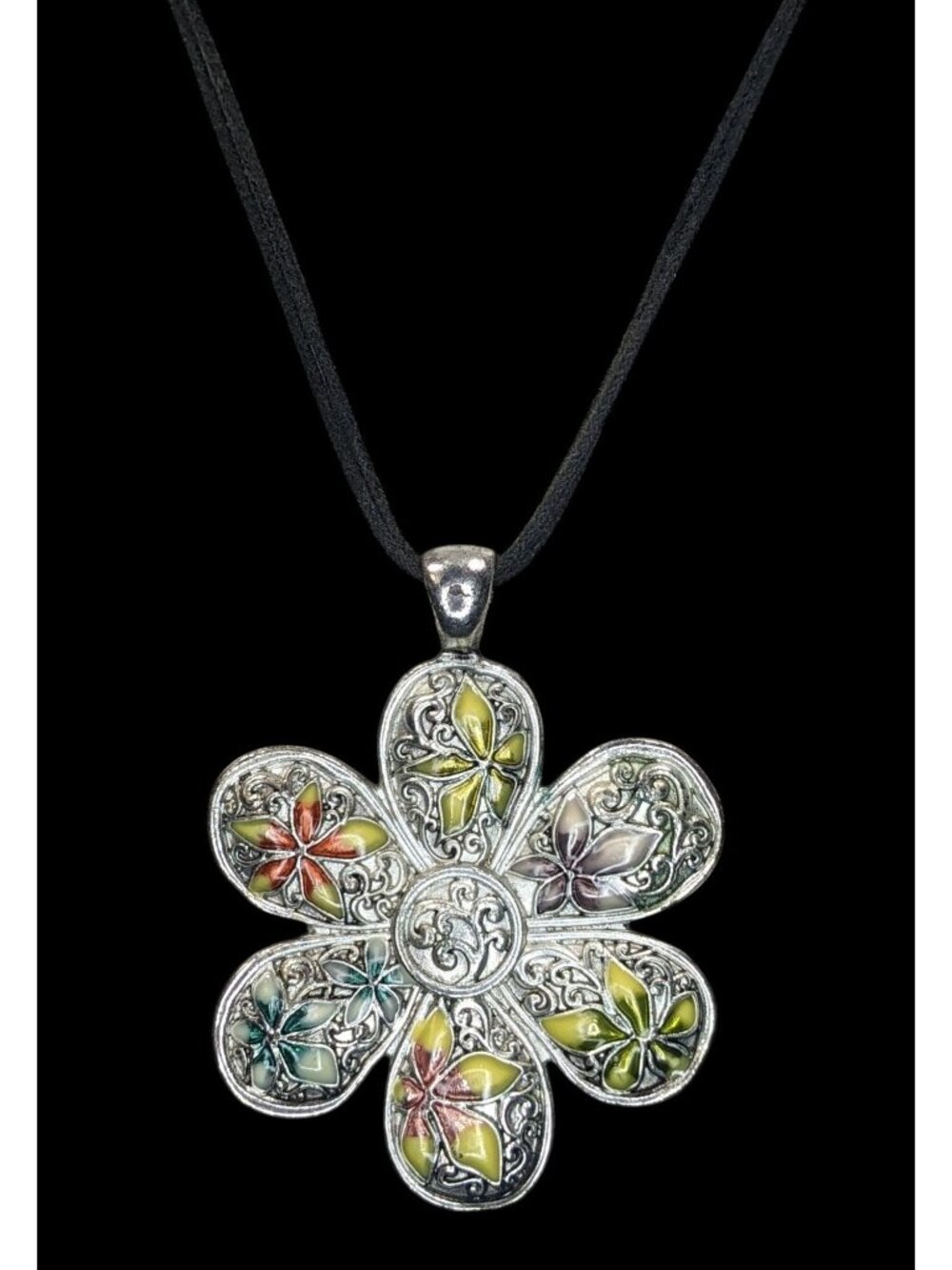 Vintage Boho Hippie Floral Silver Tone Multicolor Necklace 16 Inch